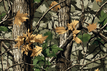 Realistic camouflage print. Seamless pattern. tree, branches and leaves. Useable for hunting and military purposes. Camouflage pattern. 