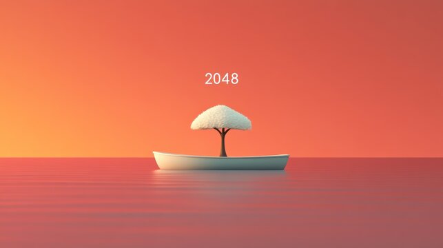 Tranquil Sunset: A lone boat with a tree sails on a calm sea under an orange sky, year 2048