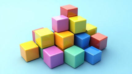 Obraz premium Colorful Stacked Cubes: A vibrant 3D rendering of glossy blocks forming a pyramid shape against a light blue background. A playful image suggesting creativity, building, and design.