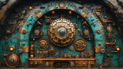 Obraz premium Steampunk-style control panel, intricate gears, aged metal.