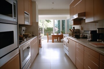 Spacious, modern kitchen with sleek appliances, open to a dining area overlooking a lush garden bathed in natural light.