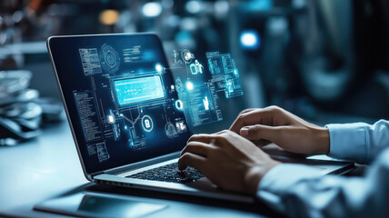 Smart factory Process Automation engineer using laptop for smart factory automation software