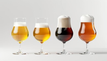 Four Different Kinds of Beer in Beer Glasses Isolated on White Background, High Quality Photo for Advertising, Menu, or Brewery Promotions