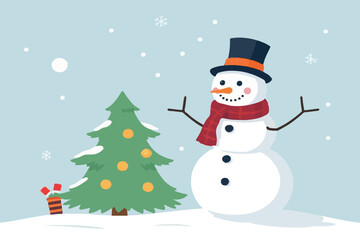 Obraz premium PriCheerful Snowman with Christmas Tree and Winter Snowfallnt