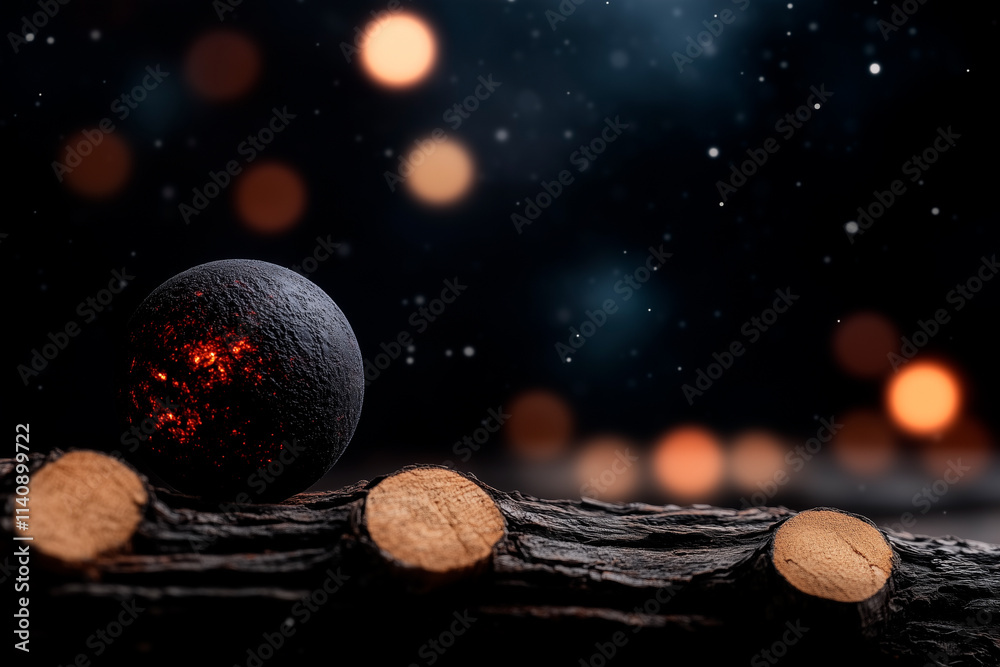Wall mural sphere with internal illumination on wooden log with bokeh background