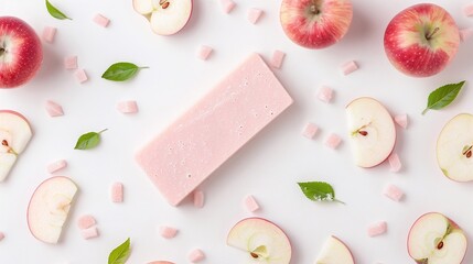 Apple Soap with Fresh Apples and Leaves, Handmade Natural Soap Bar, Fruit Soap, Spa and Wellness, Skincare Product, Flat Lay, Copy Space.

