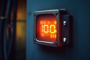 A glowing digital meter against a dark backdrop displays precise, warm yellow digits, creating a futuristic aura.