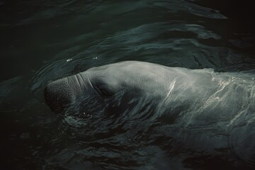 Fototapeta premium A serene beluga whale gracefully glides underwater, its gentle presence and smooth form glistening in the dim, aquatic light.