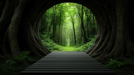 A wooden pathway leads into a tunnel of towering trees, bathed in lush green light, inviting exploration and embodying tranquility and connection with nature.