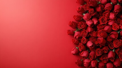 A lush display of bright red roses arranged elegantly against a deep crimson backdrop, representing romance and passion, ideal for expressing love and affection universally.