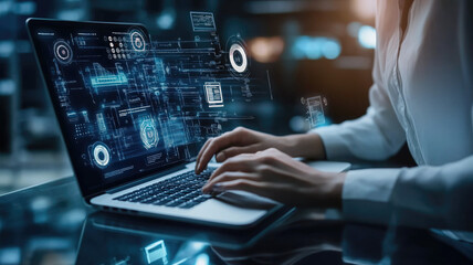 Smart factory Process Automation engineer using laptop for smart factory automation software