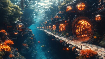 Obraz premium Submerged steampunk city, glowing, coral reefs.