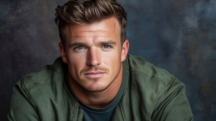 Fototapeta premium Close-up portrait of a handsome man with styled hair, wearing a green jacket, against a dark background.