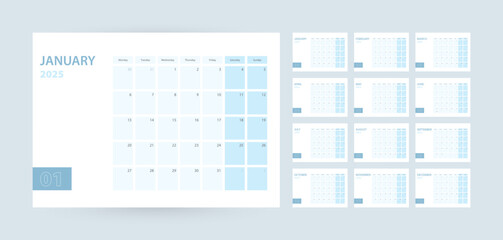 Monthly calendar template for the year 2025, the week starts on Monday. The calendar is in a blue color scheme.