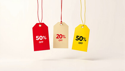 Hanging red, yellow, and beige discount tags with "50% OFF" and "20% OFF"