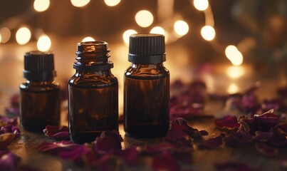Three bottles of essential oils are on a table