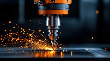A high-tech CNC machine operates with precision, throwing off bright sparks as it performs an intense, dramatic, industrial task with remarkable efficiency.