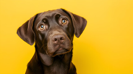 Fototapeta premium Adorable chocolate labrador dog looking curiously at yellow background