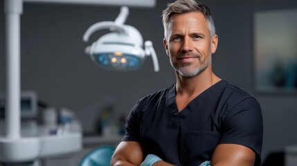A confident male dentist stands with crossed arms in a modern dental office environment, ready to provide expert care. The setting conveys professionalism and trust.