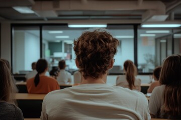 Back view of students attentively seated in a classroom, highlighting focus and educational atmosphere in a modern academic setting.