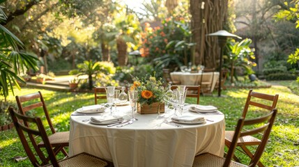 A beautifully set outdoor dining table surrounded by lush greenery and flowers.