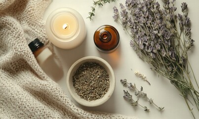 Obraz na płótnie Canvas A candle, a bottle of lavender oil, and a bowl of herbs are on a table