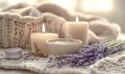 A white bowl with lavender flowers and candles on a table