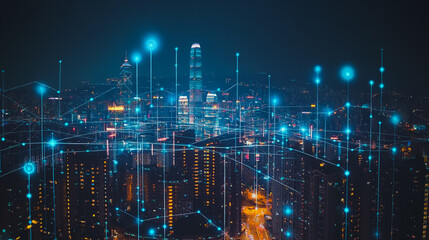 Fototapeta premium Smart digital city with connection cyber security network reciprocity over the cityscape . future smart wireless digital city and social media networking systems that connects people within the city