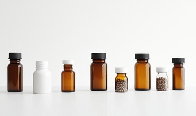 A row of brown bottles with white lids