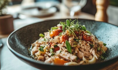 A bowl of food with meat and vegetables