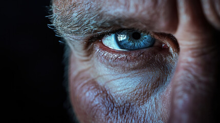 A man with a blue eye is looking at the camera