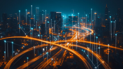 Fototapeta premium Smart digital city with connection cyber security network reciprocity over the cityscape . future smart wireless digital city and social media networking systems that connects people within the city