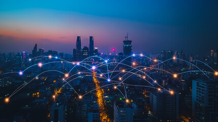 Fototapeta premium Smart digital city with connection cyber security network reciprocity over the cityscape . future smart wireless digital city and social media networking systems that connects people within the city