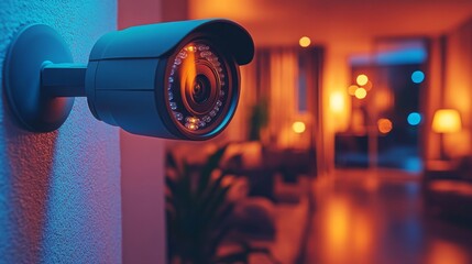 Home security system with CCTV cameras monitoring interior space during evening hours