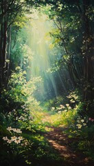 Fototapeta premium Sunlight Illuminating Spring Foliage in a Dense Forest for Nature-Themed Designs