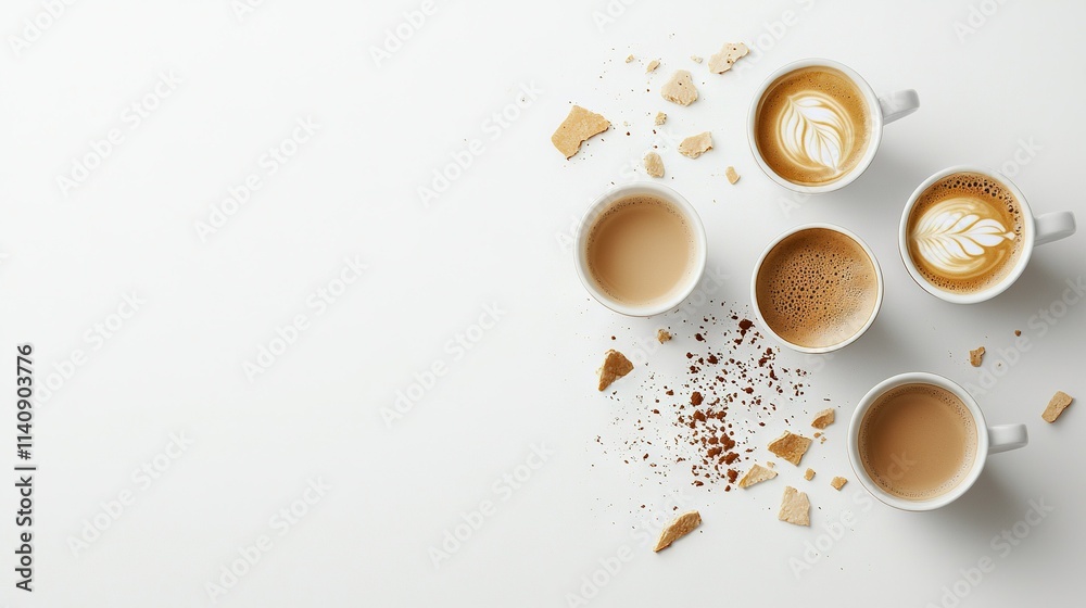 Wall mural  Four coffee cups atop a table alongside two cakes