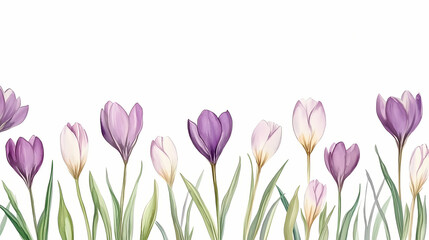 Watercolor illustration of tulips and crocuses delicate small flowers with branches seamless floral pattern romantic spring theme for fabric wallpaper or calico printing. Floral. Illustration