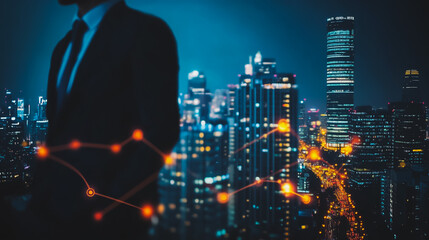 Abstract businesswoman stands on the peak of success Smart digital city with connection cyber security network reciprocity over the cityscape future wireless digital city and social media networking