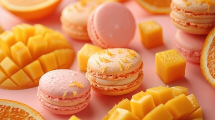 Macarons with Mango and Orange, Colorful French Macarons, Sweet Treats, Dessert, Food Photography, Close Up

