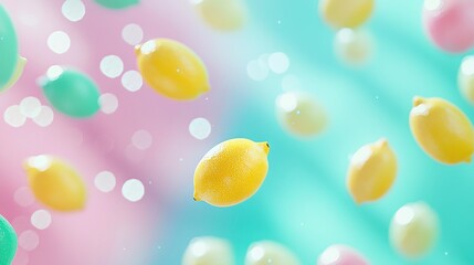  A collection of lemons suspended in mid-air amidst a vibrant backdrop of blue, pink, and yellow with iridescent bubbles
