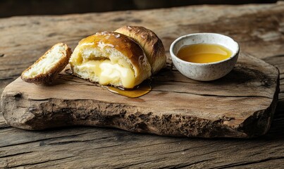 A piece of bread with a hole in it and a bowl of honey