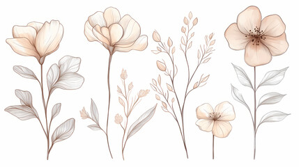 Whimsical pastel floral doodles in line art style, available as a png with a clear background. Floral. Illustration