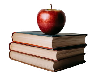 Stacked books with a shiny apple sitting atop, inviting curiosity and knowledge in a cozy study corner