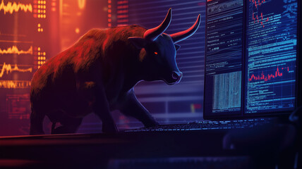 Angry Bull trading with computer, Bullist in Stock market and Crypto currency. Generative Ai