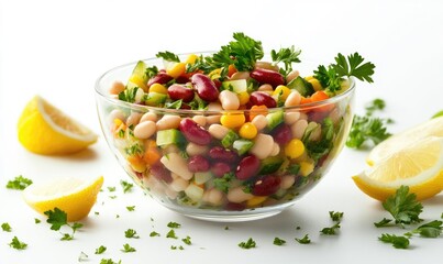 A bowl of mixed vegetables and beans with a lemon slice on the side
