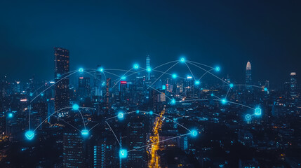 Fototapeta premium Smart digital city with connection cyber security network reciprocity over the cityscape . future smart wireless digital city and social media networking systems that connects people within the city