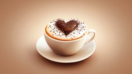 Cappuccino with heart-shaped cocoa powder art in white cup on beige background
