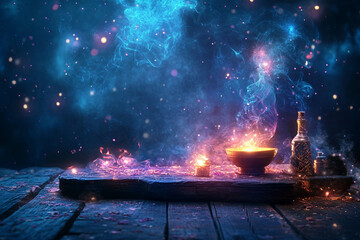 A mystical scene featuring a wooden table with a glowing bowl, a candle, and a potion bottle. Ethereal smoke and colorful particles swirl around, creating a magical atmosphere.