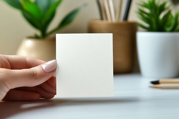 Obraz premium A hand holding a blank white card in a minimalistic workspace. In the background, there are potted plants and stationery items, creating a calm and organized atmosphere.