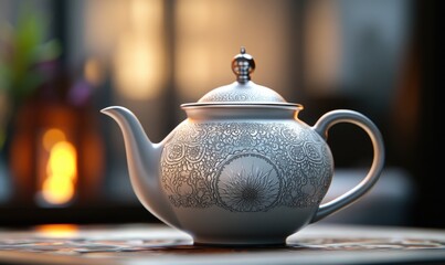 A silver tea pot with a gold rim sits on a table